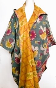 Kantha Knee Length Poncho Coats (Light Teal and Yellow)