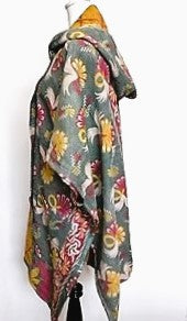 Kantha Knee Length Poncho Coats (Light Teal and Yellow)