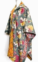 Kantha Knee Length Poncho Coats (Light Teal and Yellow)