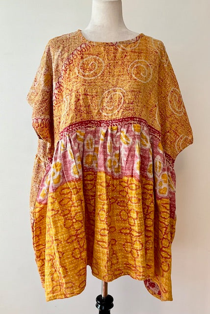 Artisan Kantha Bae  Quilt Mini Dress. Comfortable, Soft, and Very Chic (Yellow/Gold)