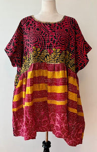 Artisan Kantha Bae  Quilt Mini Dress. Comfortable, Soft, and Very Chic (Gold Stripes)