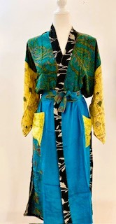 Top of the Line Silk Kimono Duster,  Rich Mixed Print (Royal and Yellow)