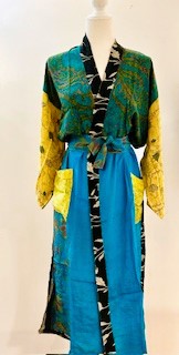 Top of the Line Silk Kimono Duster,  Rich Mixed Print (Royal and Yellow)