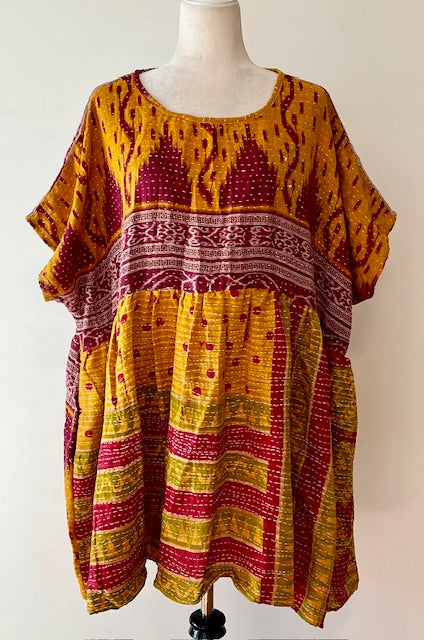 Artisan Kantha Bae  Quilt Mini Dress. Comfortable, Soft, and Very Chic (Purple Squares)