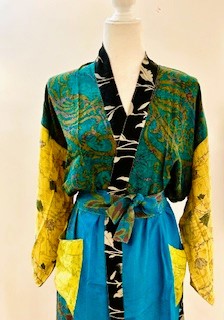 Top of the Line Silk Kimono Duster,  Rich Mixed Print (Royal and Yellow)