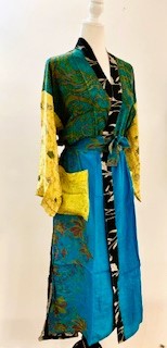 Top of the Line Silk Kimono Duster,  Rich Mixed Print (Royal and Yellow)