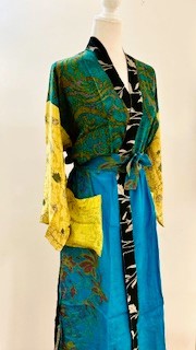 Top of the Line Silk Kimono Duster,  Rich Mixed Print (Royal and Yellow)