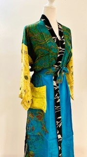 Top of the Line Silk Kimono Duster,  Rich Mixed Print (Royal and Yellow)