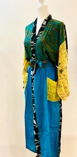 Top of the Line Silk Kimono Duster,  Rich Mixed Print (Royal and Yellow)