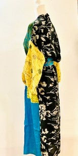 Top of the Line Silk Kimono Duster,  Rich Mixed Print (Royal and Yellow)