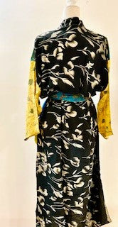 Top of the Line Silk Kimono Duster,  Rich Mixed Print (Royal and Yellow)