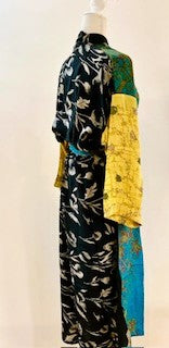 Top of the Line Silk Kimono Duster,  Rich Mixed Print (Royal and Yellow)