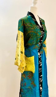 Top of the Line Silk Kimono Duster,  Rich Mixed Print (Royal and Yellow)