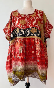 Artisan Kantha Bae  Quilt Mini Dress. Comfortable, Soft, and Very Chic (Gold Flowers)
