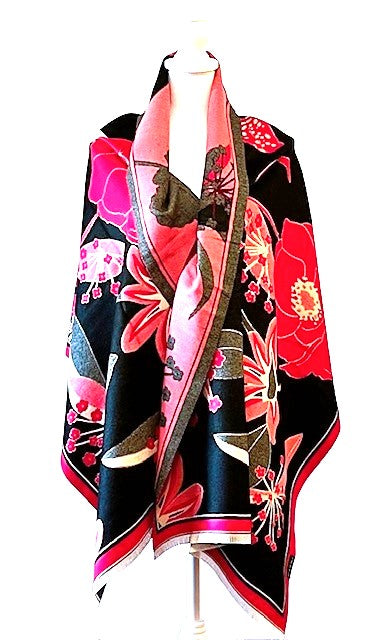 Red Black Garden Print Reversible Wrap - Artisan Shawl