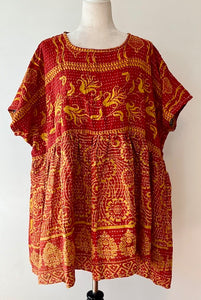 Artisan Kantha Bae  Quilt Mini Dress. Comfortable, Soft, and Very Chic (Red & Gold)