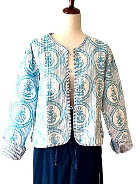 Short Cotton Quilted Handmade Jacket, Fully Reversible is Fresh and New (Light Blue)
