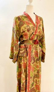 Luxury Rich Silk Print Kimono Duster Dress is Softly Subdued (Pastel)