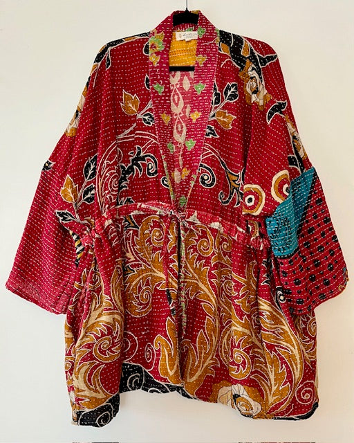 Gorgeous Open Kantha Embroidered Jacket Fully Reversible (Red/Pink Mix)