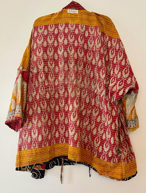 Gorgeous Open Kantha Embroidered Jacket Fully Reversible (Red/Pink Mix)