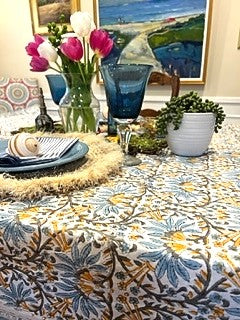 Crrisp New Block Print Pattern in Blues, Marigold, White is Exceptional