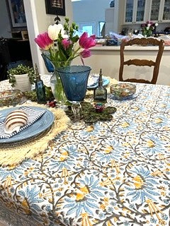 Crrisp New Block Print Pattern in Blues, Marigold, White is Exceptional