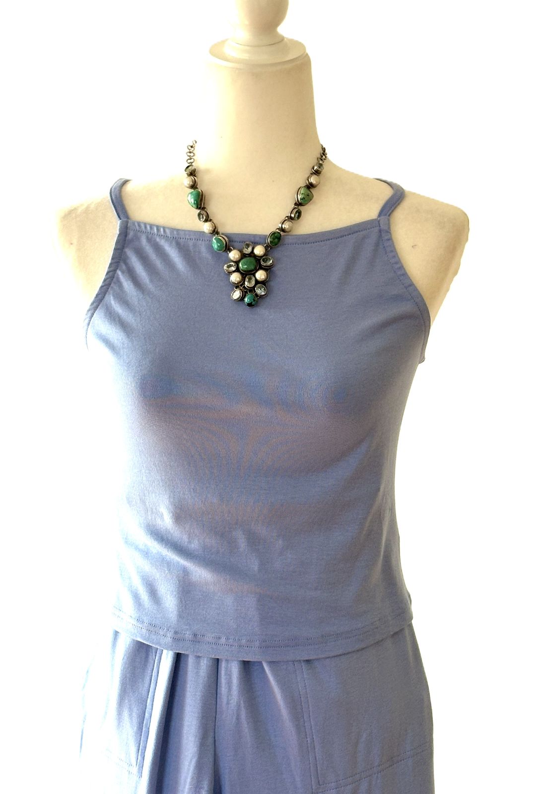 Pant Sets, Knit Jersey High Neck Cami and Banded Waist Pants (Sky Blue)