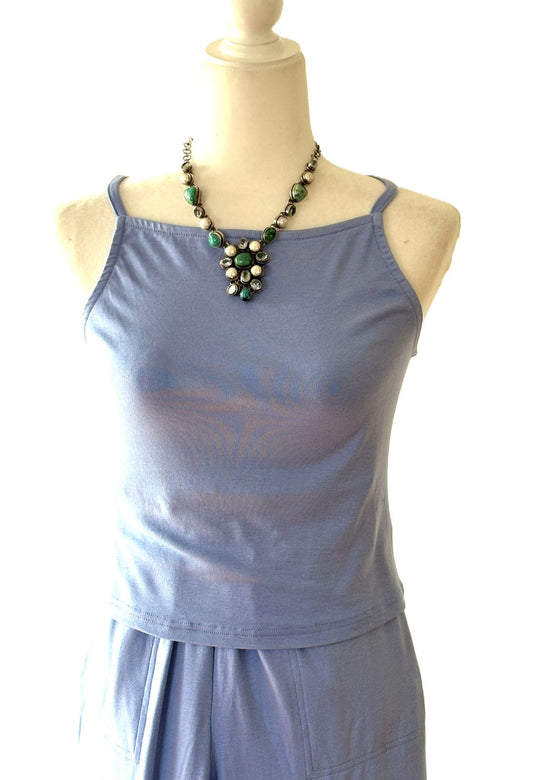 Pant Sets, Knit Jersey High Neck Cami and Banded Waist Pants (Sky Blue)