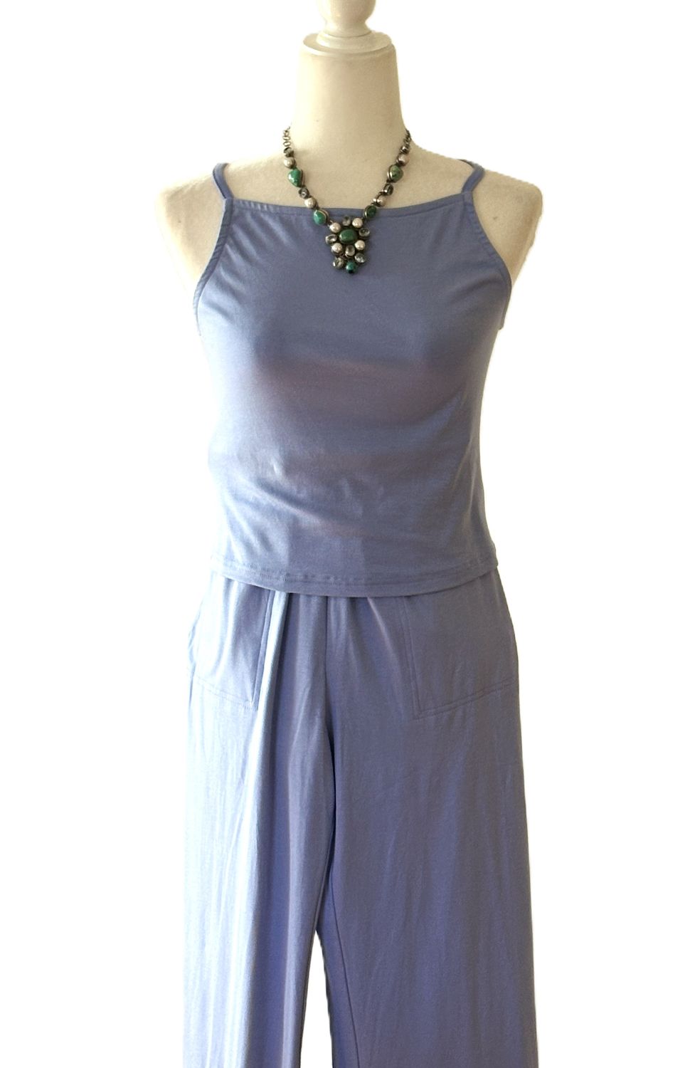 Pant Sets, Knit Jersey High Neck Cami and Banded Waist Pants (Sky Blue)