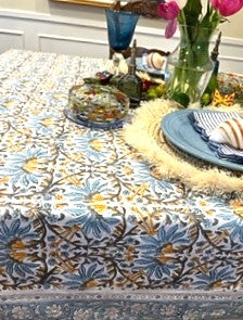 Crrisp New Block Print Pattern in Blues, Marigold, White is Exceptional