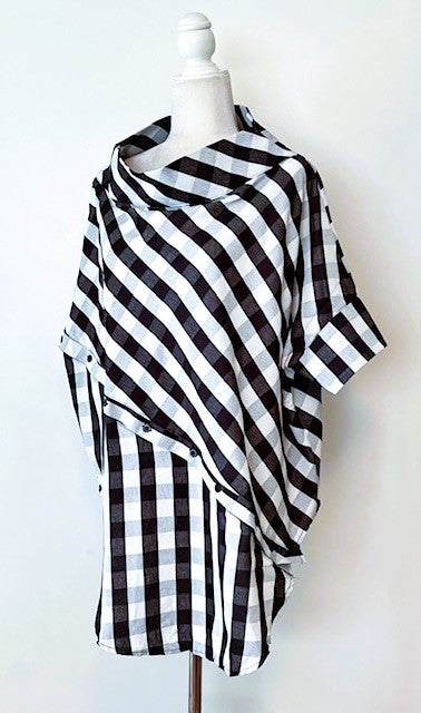 Smart and Chic; Asymmetrical Checked Tunic With Large Tab Collar