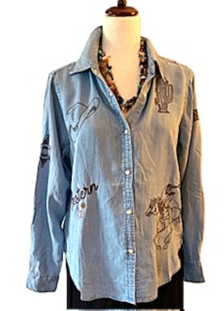 Top: Western Inspired Embroidered Cotton Shirt (Denim)
