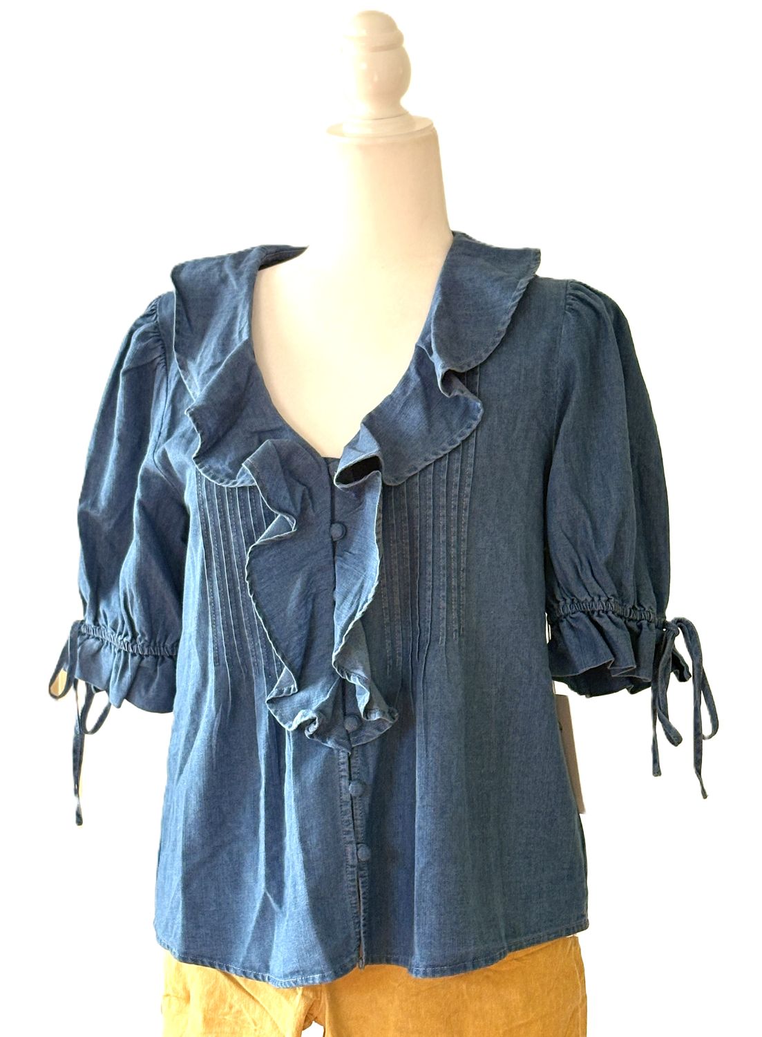 Top, Denim Pleated Ruffle Blouse with Puff Sleeves