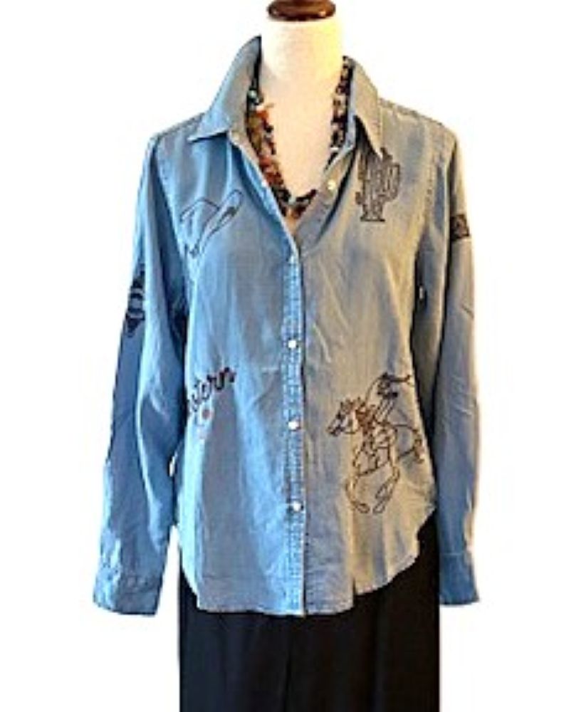 Top: Western Inspired Embroidered Cotton Shirt (Denim)
