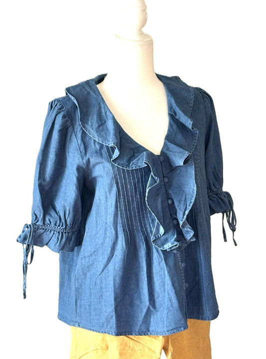 Top, Denim Pleated Ruffle Blouse with Puff Sleeves