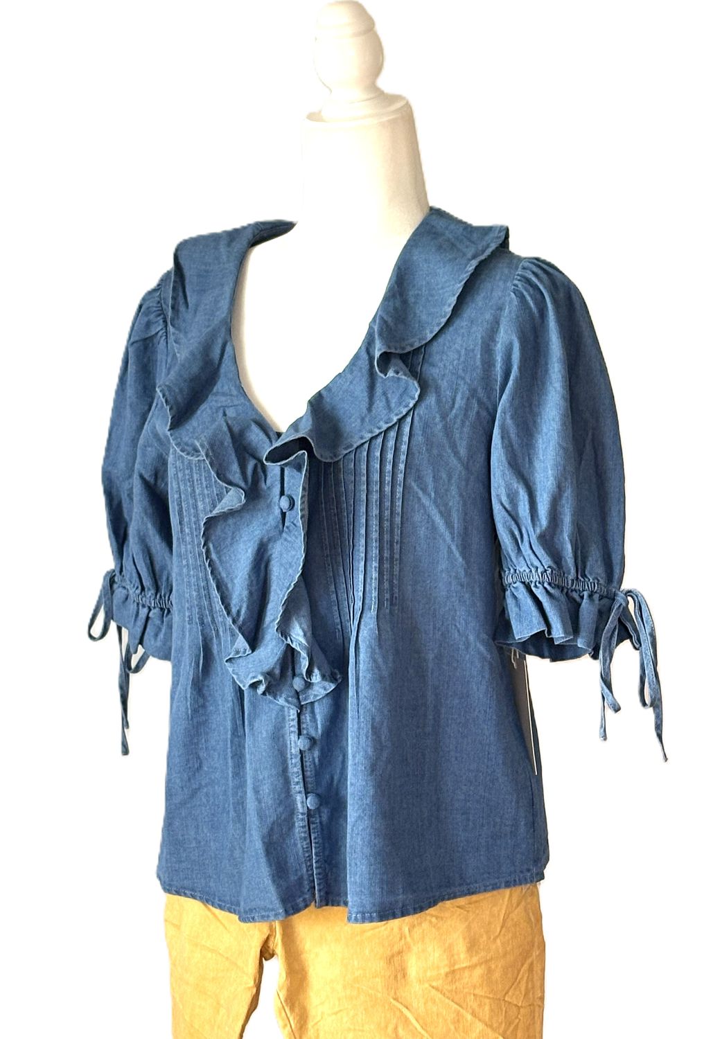 Top, Denim Pleated Ruffle Blouse with Puff Sleeves