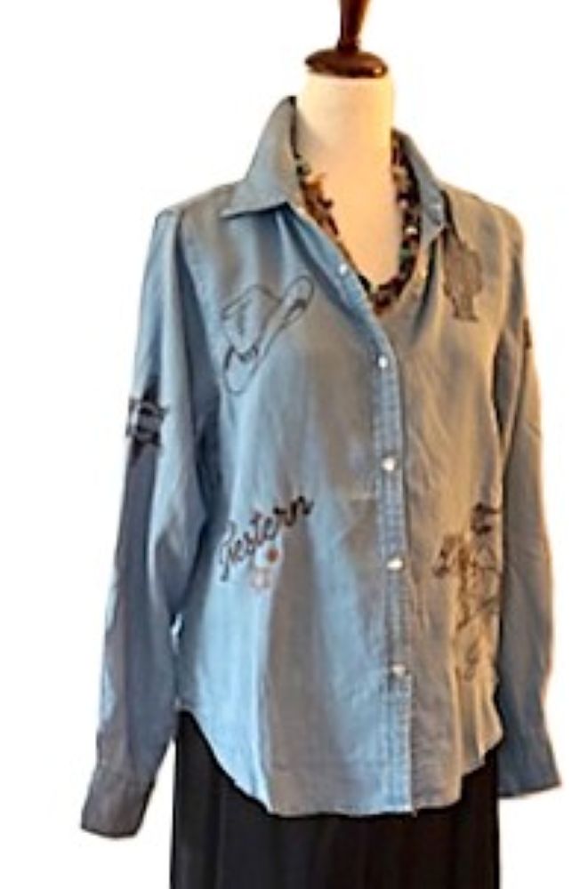 Top: Western Inspired Embroidered Cotton Shirt (Denim)