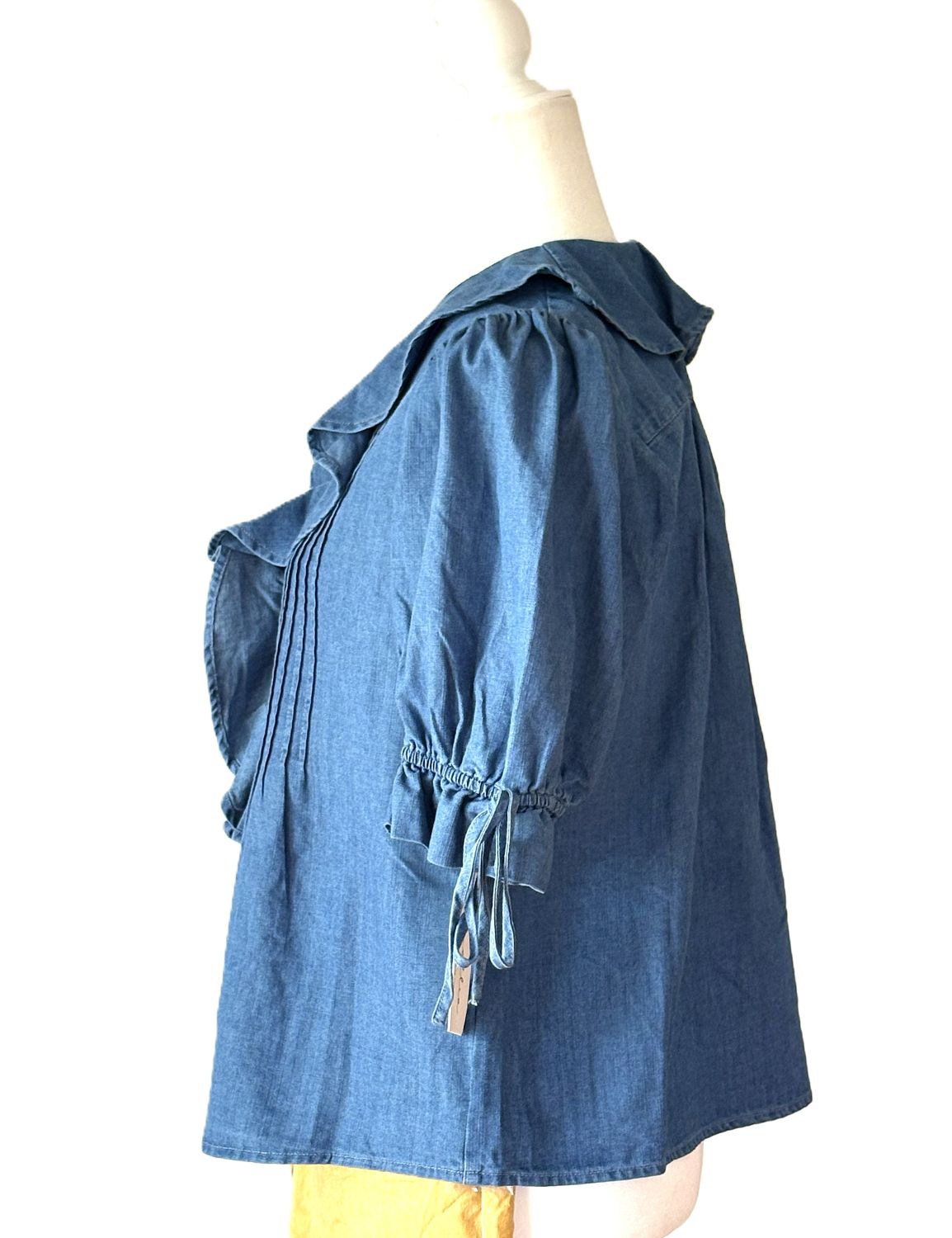 Top, Denim Pleated Ruffle Blouse with Puff Sleeves