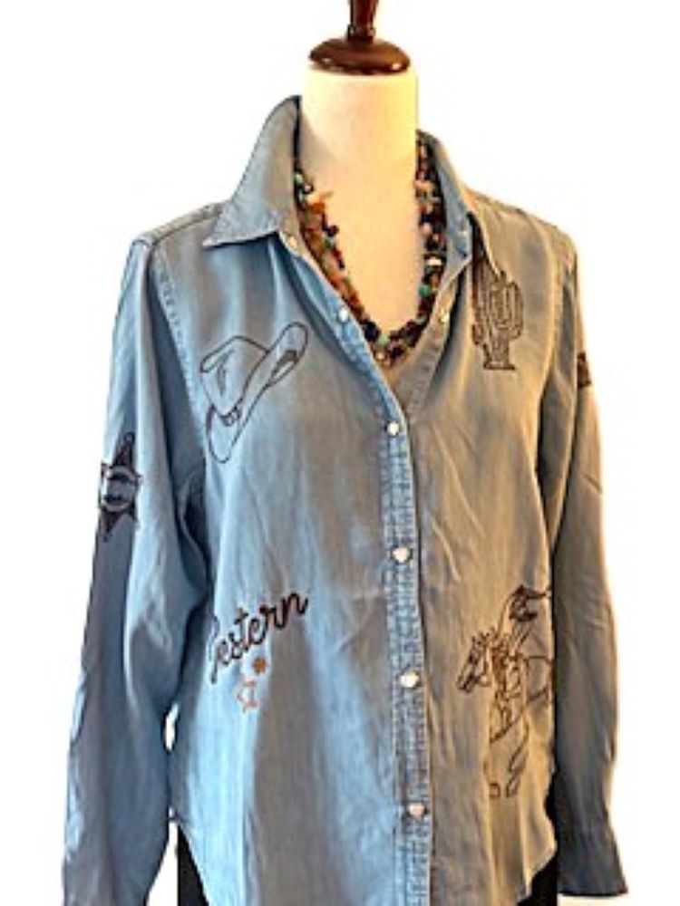 Top: Western Inspired Embroidered Cotton Shirt (Denim)