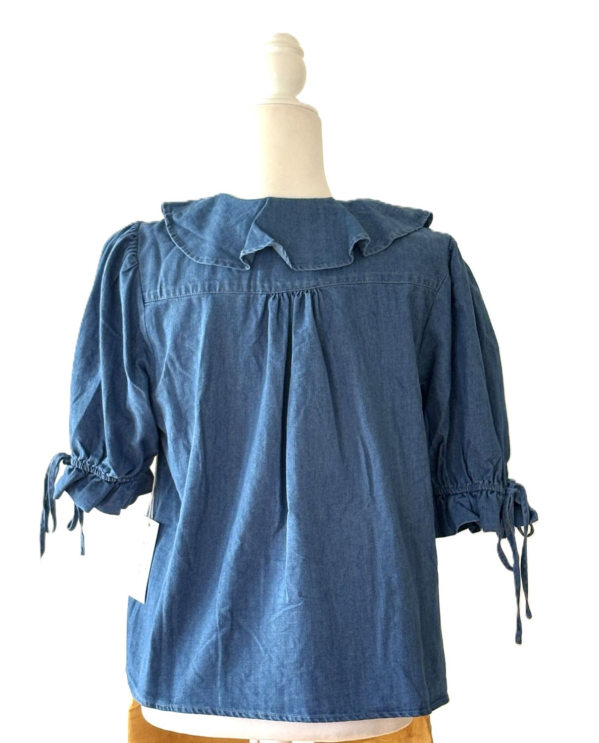 Top, Denim Pleated Ruffle Blouse with Puff Sleeves