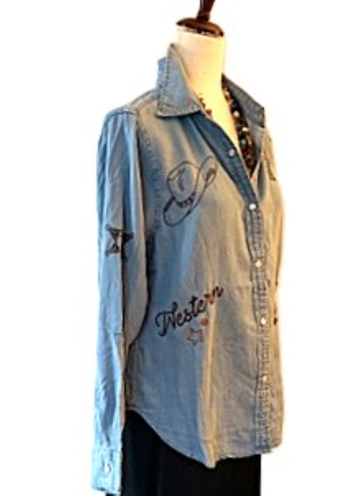 Top: Western Inspired Embroidered Cotton Shirt (Denim)