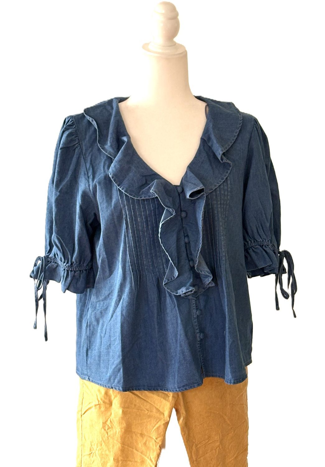 Top, Denim Pleated Ruffle Blouse with Puff Sleeves