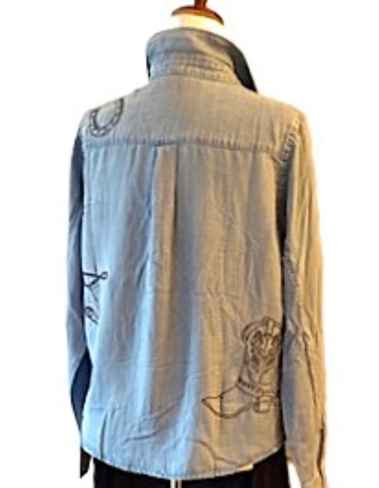 Top: Western Inspired Embroidered Cotton Shirt (Denim)