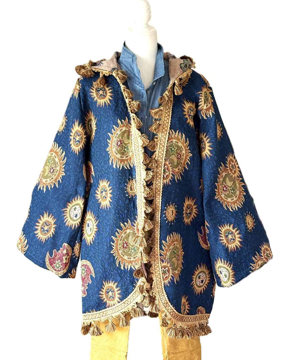 Jacket: Handmade Tapestry Fringe Coat. Celestial Sun Moon Stars