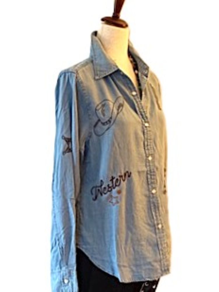 Top: Western Inspired Embroidered Cotton Shirt (Denim)