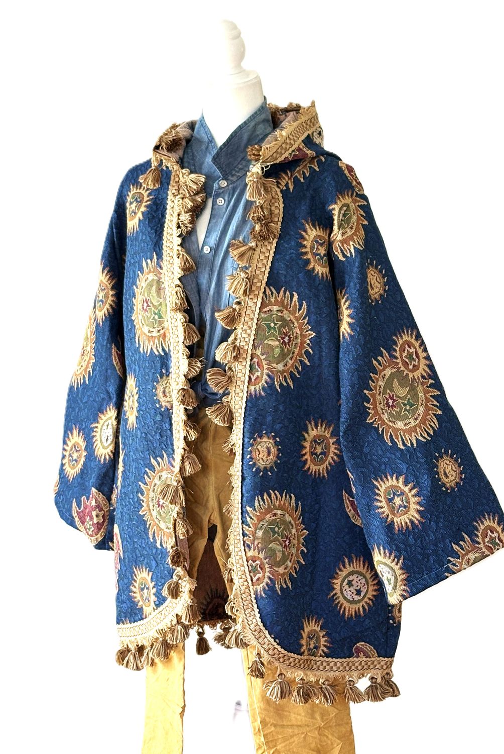 Jacket: Handmade Tapestry Fringe Coat. Celestial Sun Moon Stars