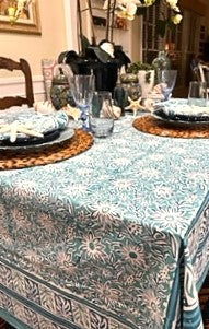 Creamy Aqua Block Print Tablecloth, Reminiscent of Caribbean Waters