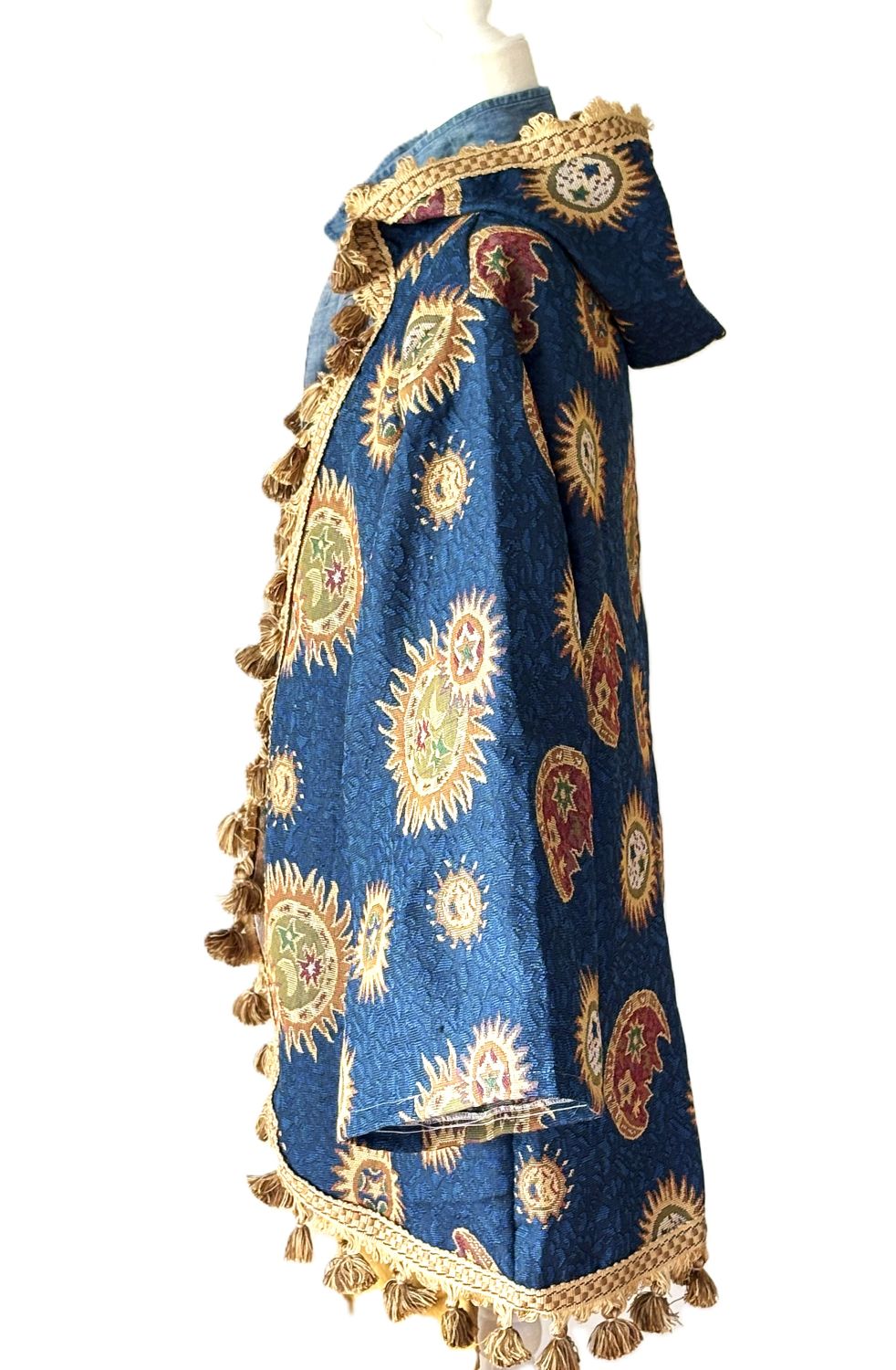 Jacket: Handmade Tapestry Fringe Coat. Celestial Sun Moon Stars
