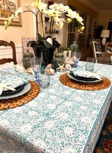 Creamy Aqua Block Print Tablecloth, Reminiscent of Caribbean Waters