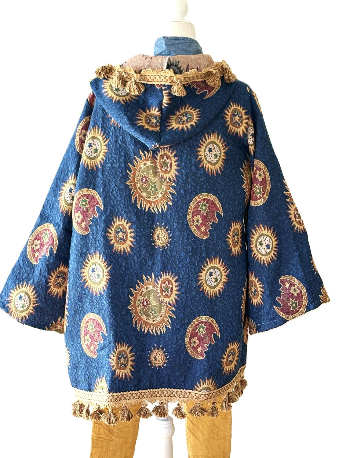 Jacket: Handmade Tapestry Fringe Coat. Celestial Sun Moon Stars